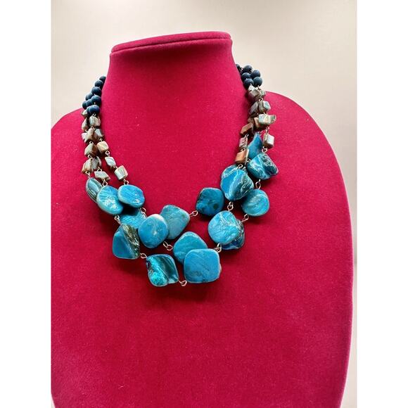Vintage Peacock Blue-toned Fresh-Water Pearl 3 strand, beaded necklace, J-01-85 - Picture 1 of 16